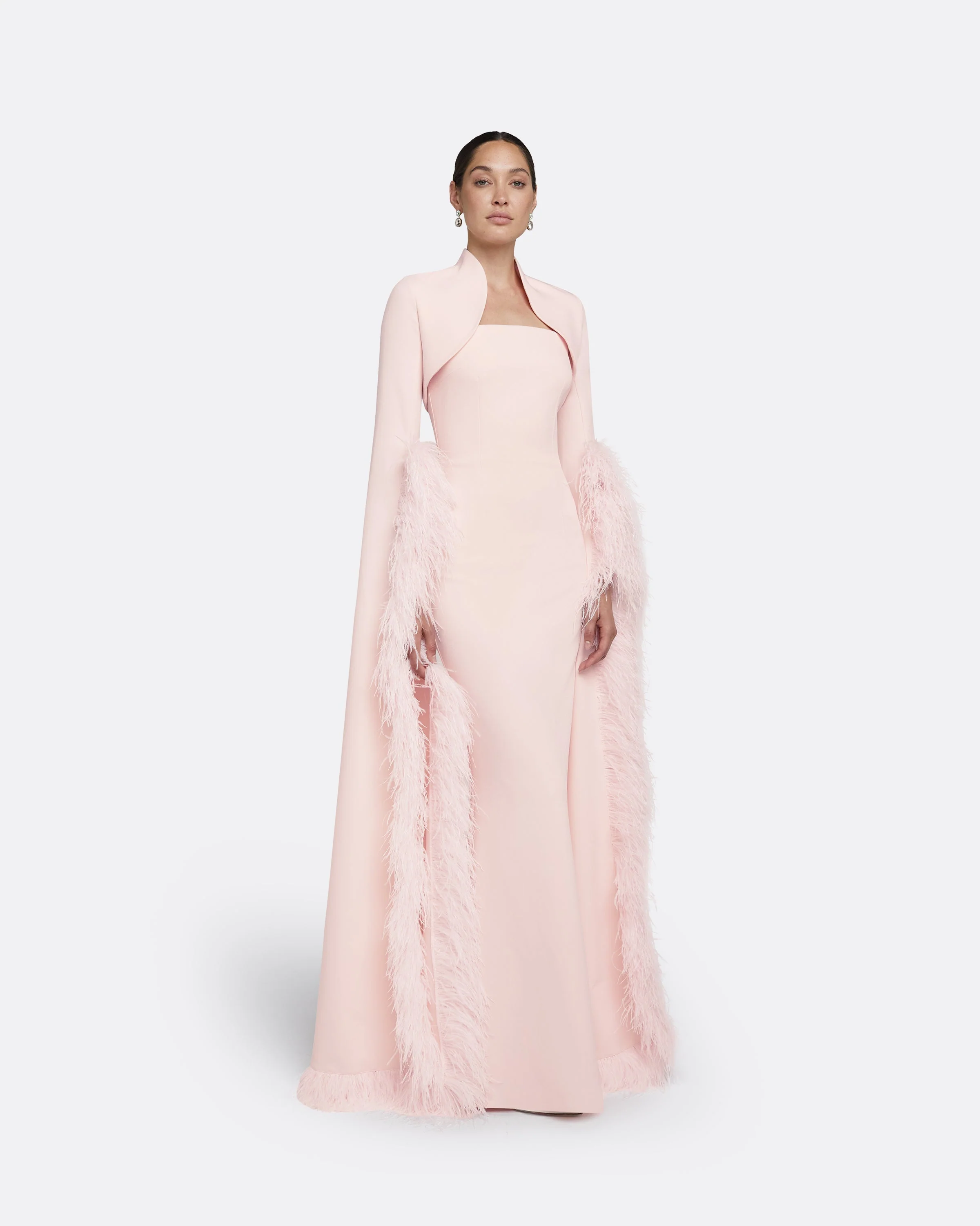 Amari Pale Pink Feather-Trimmed Bolero With Soshin Dress - Image 4