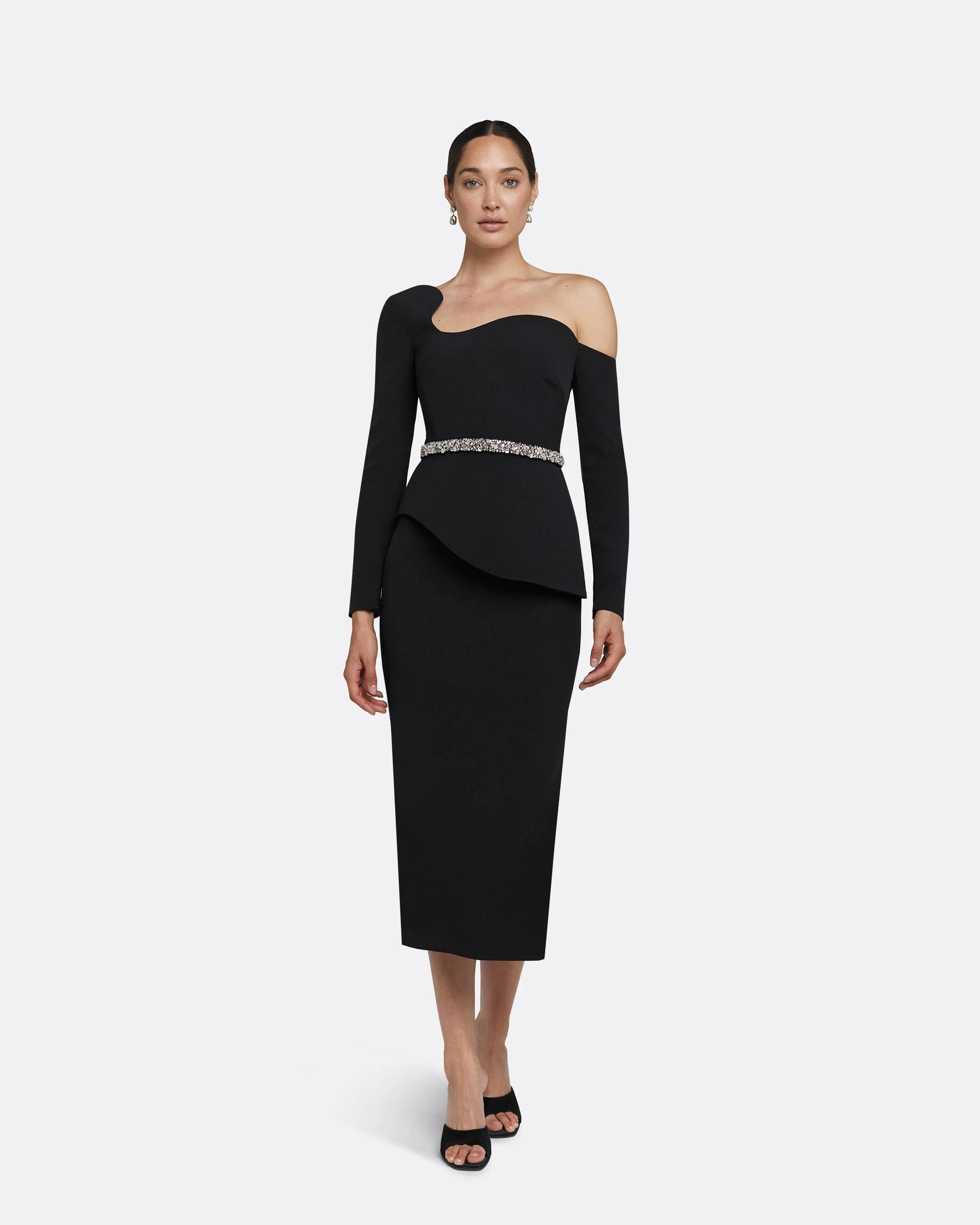 Constanza Black Midi Dress With Embroidered Belt - Image 5