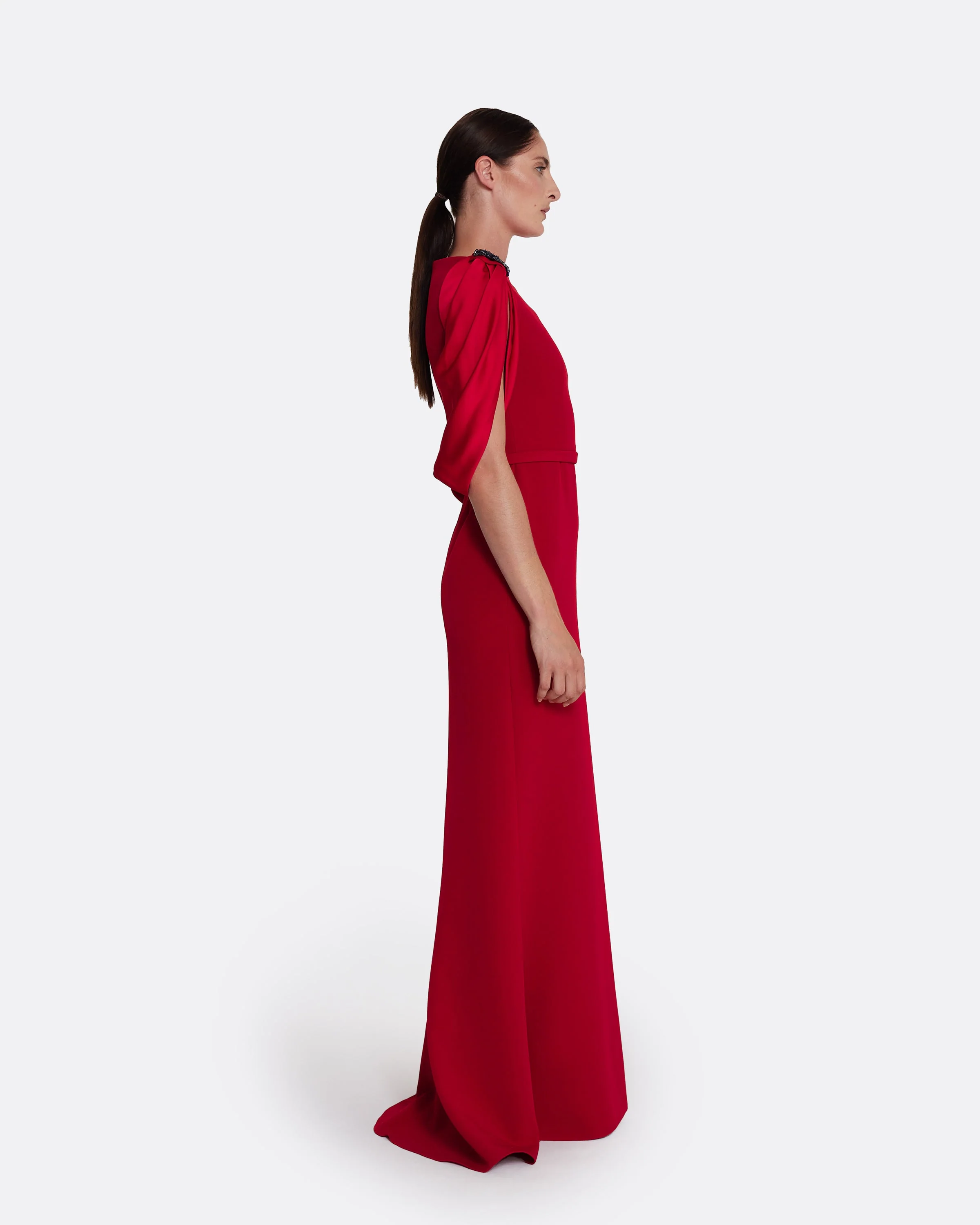 Mariah Long Dress in Cherry Red on Azalea with Multi-blues - Image 9