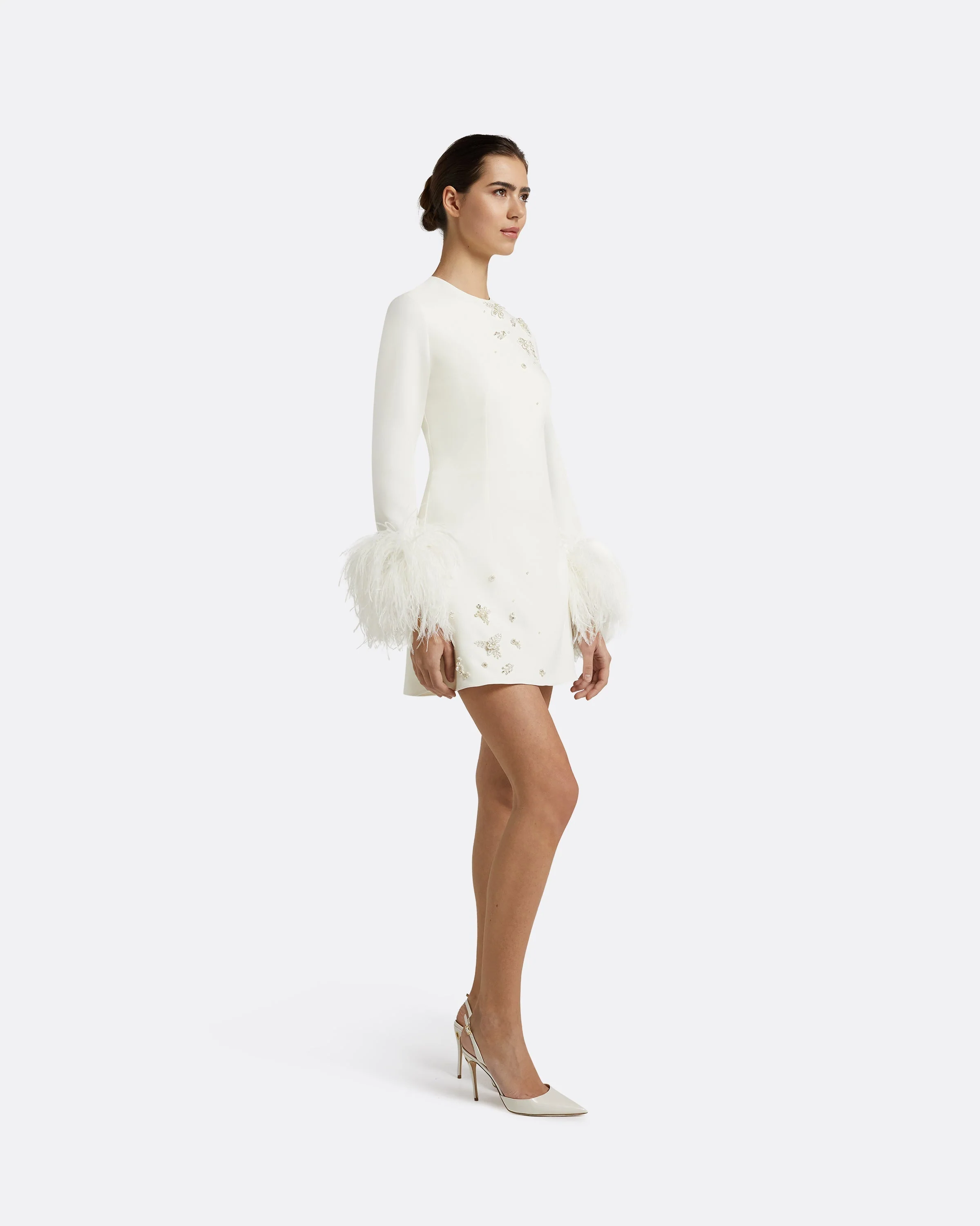 Rena Ivory Feather-trimmed Short Dress - Image 4