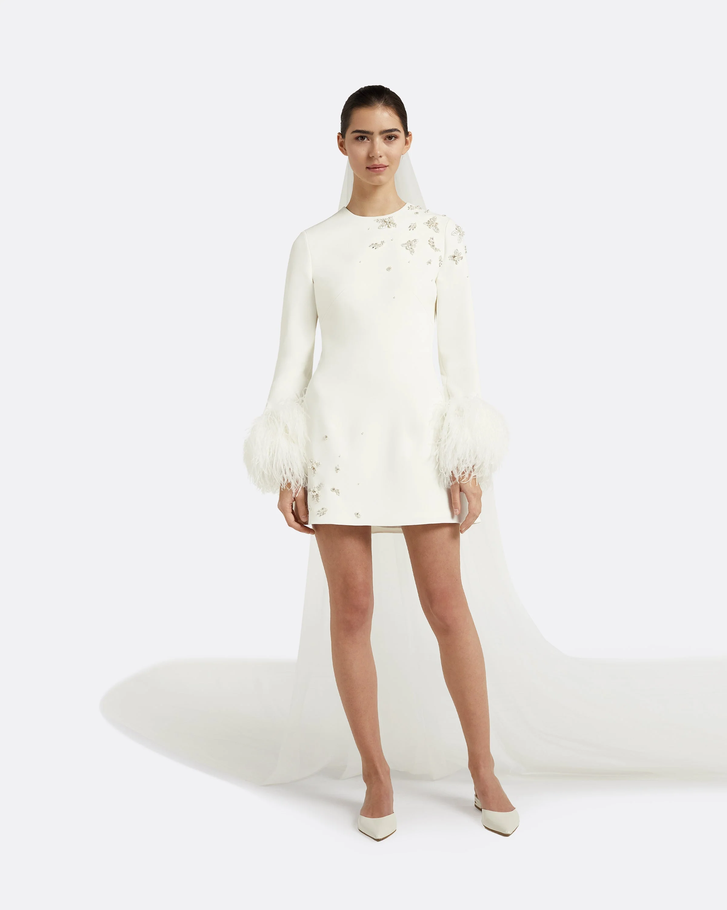 Rena Ivory Feather-trimmed Short Dress - Image 5