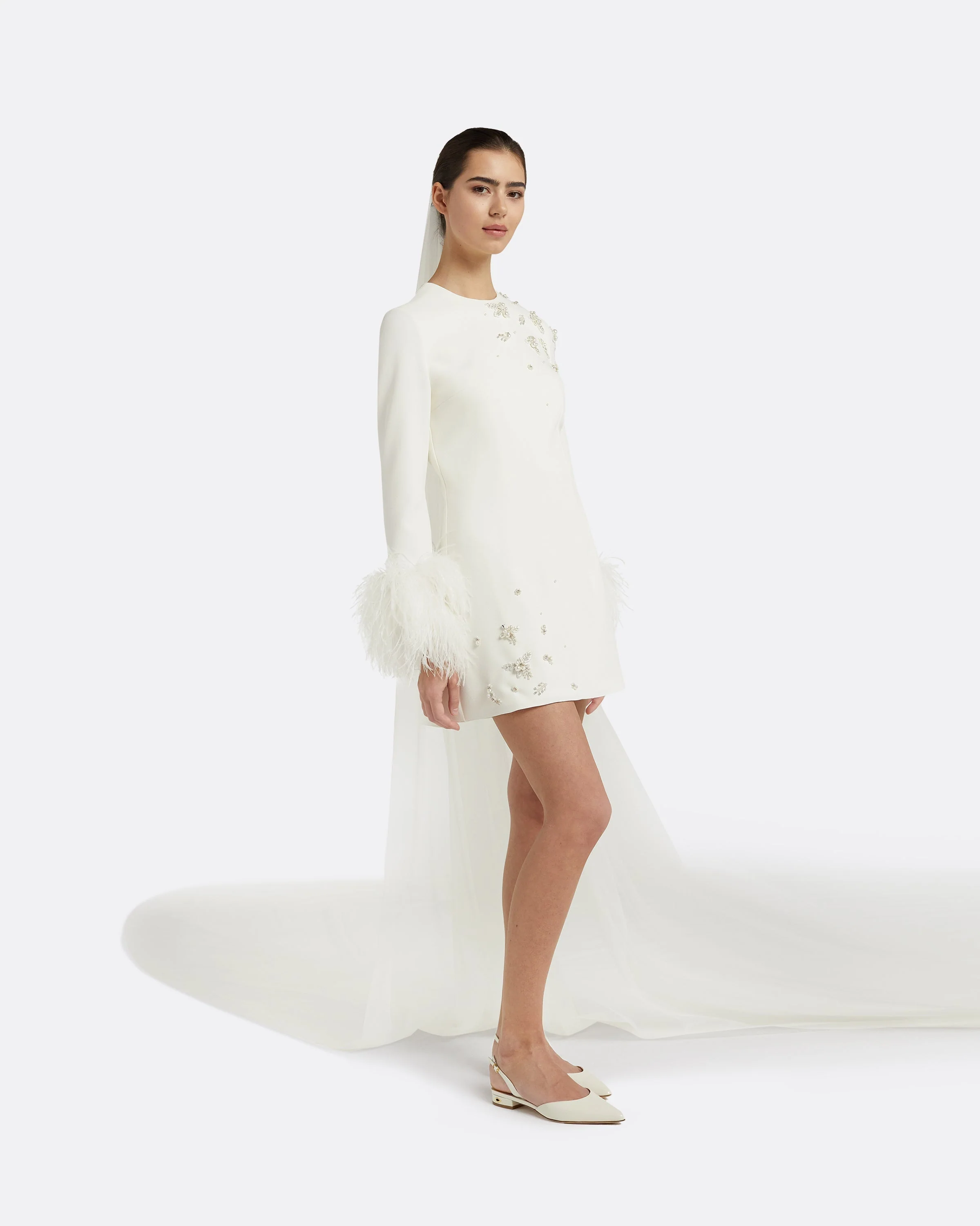 Rena Ivory Feather-trimmed Short Dress - Image 6