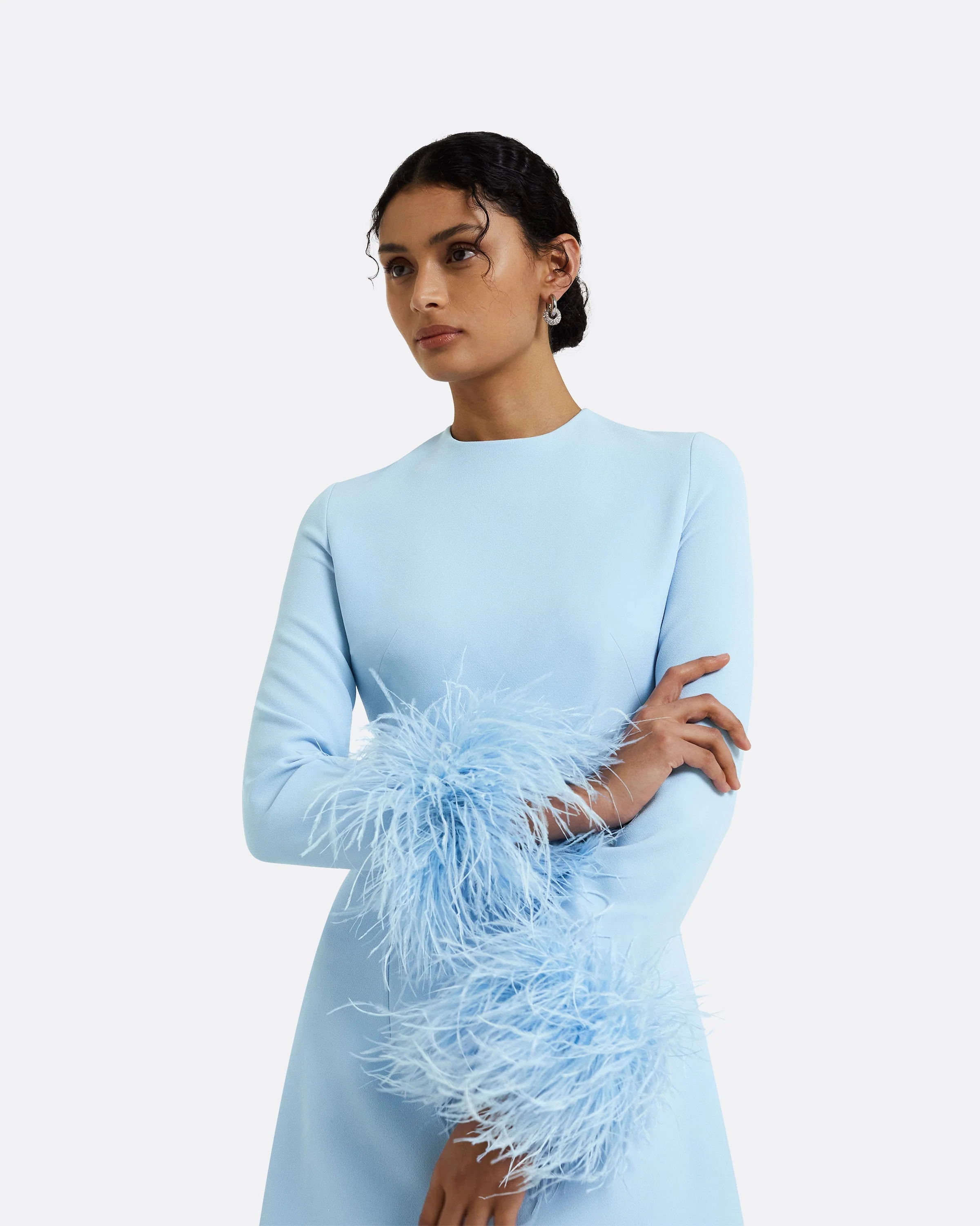 Rena Pale Blue Feather-Trimmed Short Dress - Image 3